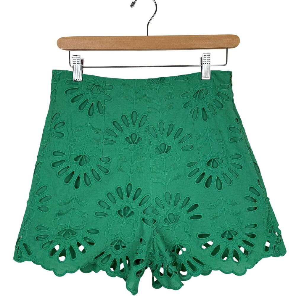 Zara Eyelet Embroidered Cotton Shorts Green Size M High Rise Resort Vacation